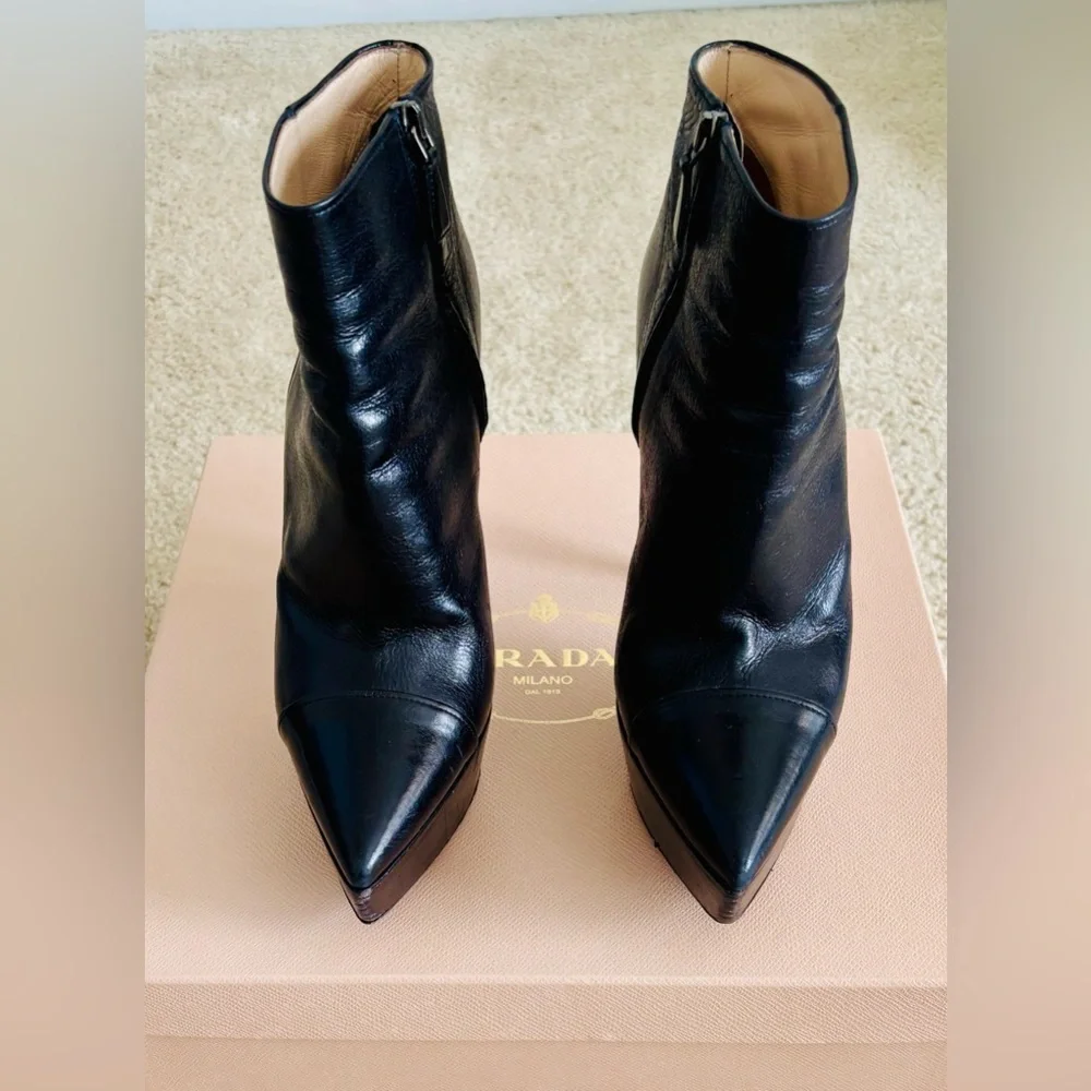 Prada Black Leather Platform Boots - Picture 2 of 6